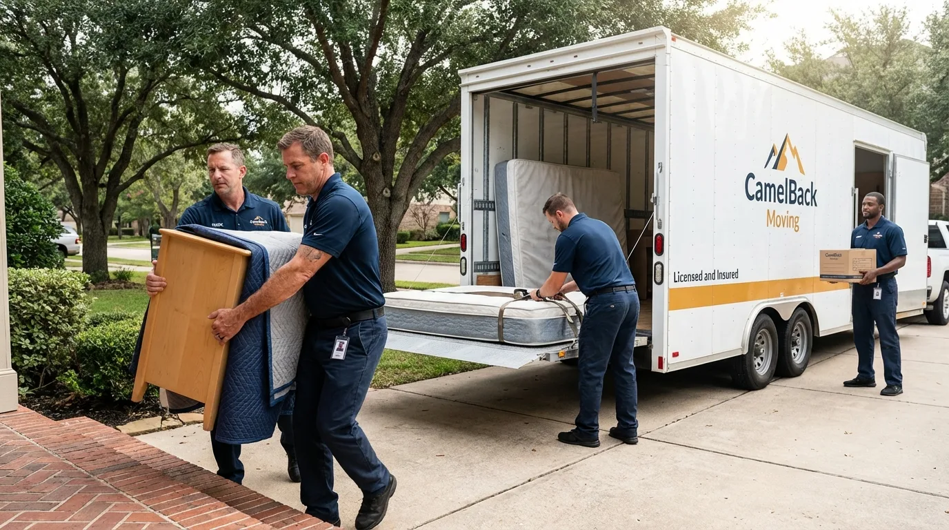 Crew loading residential truck for cross-state move from Depue, IL