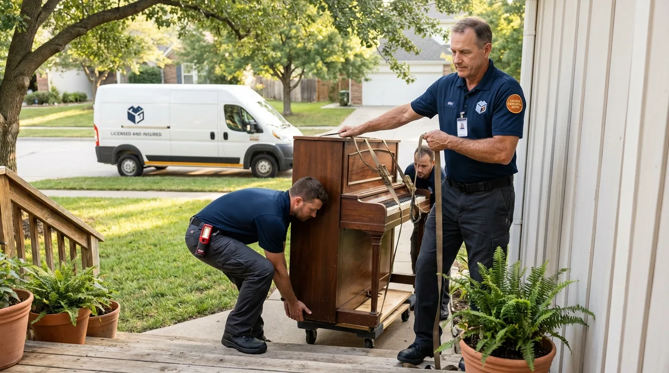 Licensed piano movers securing grand piano in Depue, IL